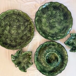 Green Leaf Ceramic Serveware Set - Classic Leaf Motif